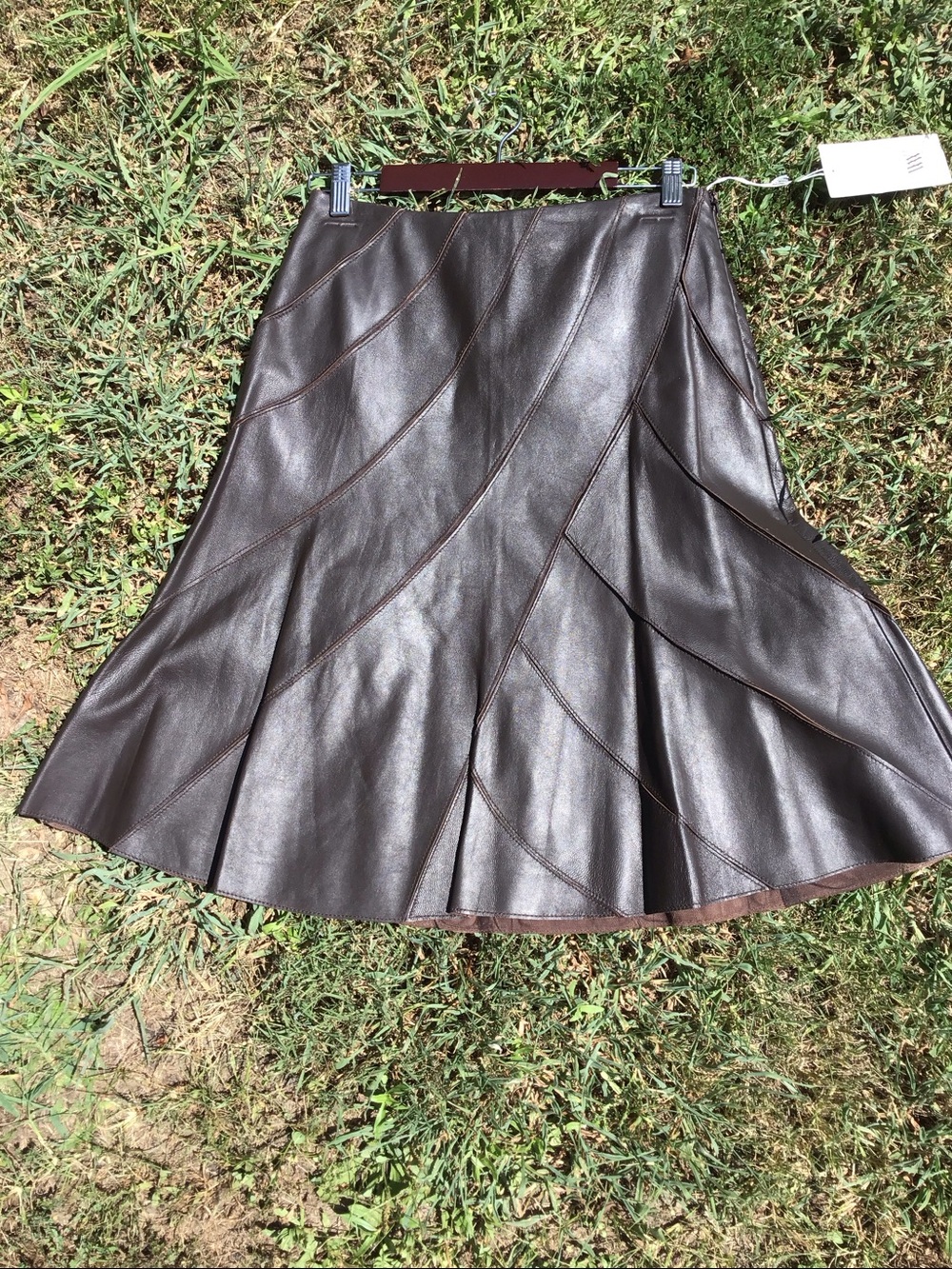 Worth Dark Brown Paneled Bittersweet Soft Leather Seamed A-Line Skirt